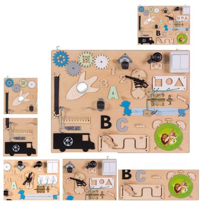 Moni Lernboard, Lerntafel medium aus Holz Zahnräder, Lichtschalter, Uhr, Klingel