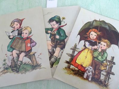 3 alte Postkarten AK Sleding BV Hilde Kinder musizieren Regenschirn Schuhputzer