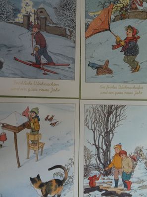 4 alte Postkarten AK Horn Weihnachten Neujahr signiert Kinder & Tiere im Schnee