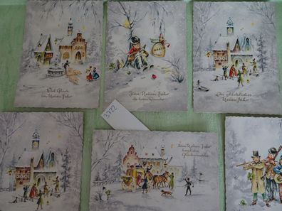 6 alte Postkarten AK Horn Neujahr Musikanten Kirche Pferdekutsche wie gemalt