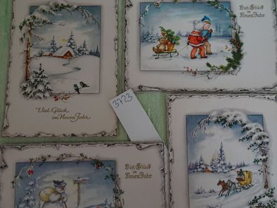 4 edle sehr alte Postkarten AK Horn Neujahr Schneemann Kinder wie gemalt