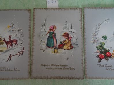 3 sehr alte Postkarten AK Horn Neujahr Kinder Kleeblatt Reh Winterwald wie gemalt