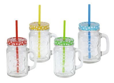 Trinkglas m. Deckel + Strohhalm - 4er Set / je 480 ml - Wasser Saft Henkel Glas Retro