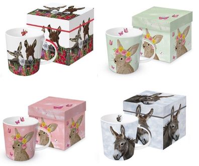 1 Kaffeebecher, Esel oder Hase mit Geschenkbox, Henkelbecher Bauernhoftier Tier Tasse