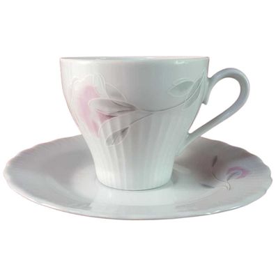 Kaffeetasse Graf von Henneberg DDR rosa grau Blumendekor gerillt mit Untertasse