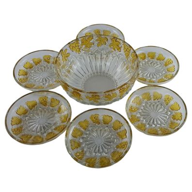 Glasschale mit 6 x Schälchen Weintrauben Relief Dekor gelb Set 7 tlg