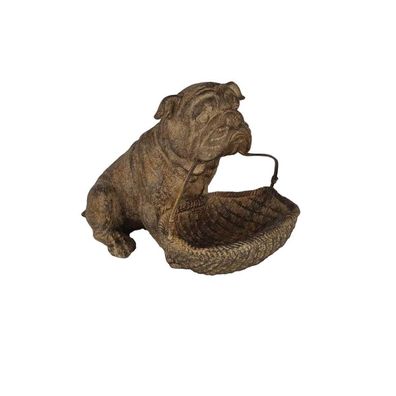 vianmo Kunststein Figur Skulptur Hund mit Schale Holz-Look H 14 cm