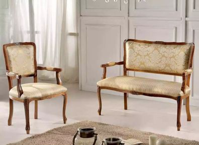 Klassische Sitzgruppe Luxus Sitzgarnitur Textil Sitzbank Stühle Armlehnen