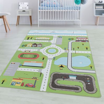 Kurzflor Teppich Kinderteppich Kinderzimmer Spiel Motiv Straße Verkehr Grün