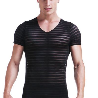 Herren Streifen Transparent T-Shirt L-3XL Fitness Unterwäsche V-Ausschnitt Top Tee