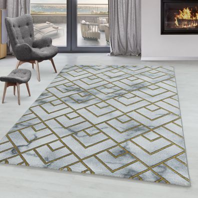 Wohnzimmerteppich Kurzflor Design Teppich Muster Marmoriert Linien Karo Gold