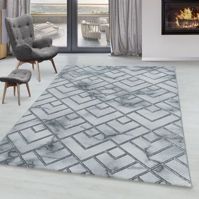 Wohnzimmerteppich Kurzflor Design Teppich Muster Marmoriert Linien Karo Silber
