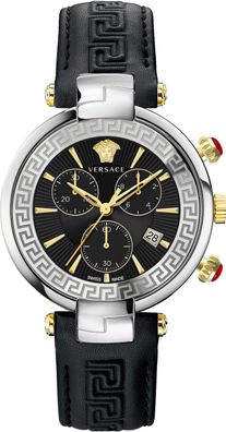 Versace VE2M00121 Revive Chrono silber gold schwarz Leder Armband Uhr Damen NEU