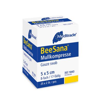 BeeSana® Mullkompresse, ohne RöKo, steril, 12-fach, 5 x 5 cm, 2 Stk
