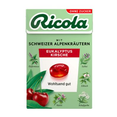 Ricola Eukalyptus Kirsche mit Schweizer Alpenkräutern ohne Zucker 50g
