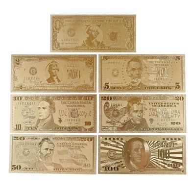 Banknoten Set in Farbe Gold Geldschein Schein 24 K Karat 1 bis 100 Dollar 7x