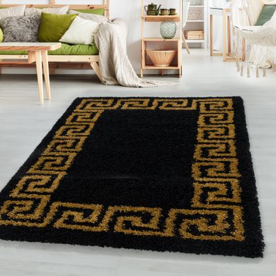 Hochflor Design Teppich Wohnzimmerteppich Muster Antike Bordüre Farbe Gold