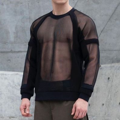 Herren Mesh Transparente Shirt Wetlook Pullover M-3XL Sexy Lose Langarm Top Nachtclub