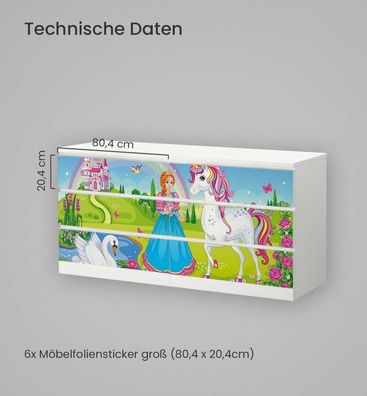 Kommodenaufkleber Malm Zauberland Prinzessin mit Einhorn Möbelfolie Folie