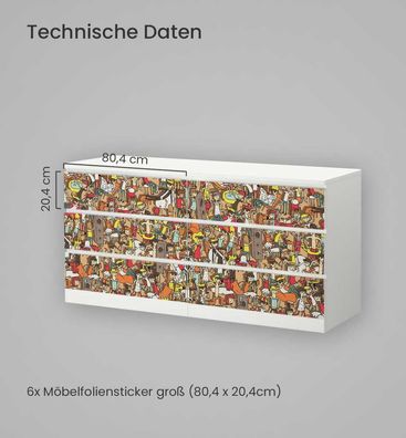 Kommodenaufkleber Malm bunte Grafik mit Cartoon Figuren Möbelfolie Folie