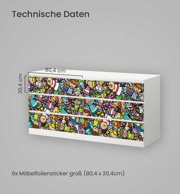 Kommodenaufkleber Malm Grafik mit Cartoon Figuren Klebefolie Möbelfolie Folie