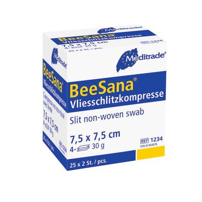 BeeSana® Vliesschlitzkompresse, unsteril, 4-fach, 30 g, 7,5 x 7,5 cm