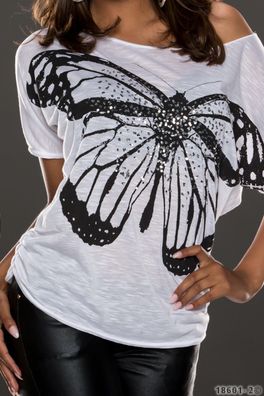 SeXy Miss Damen Shirt Girly Top Butterfly Print silber Pailletten 34/36/38 weiß
