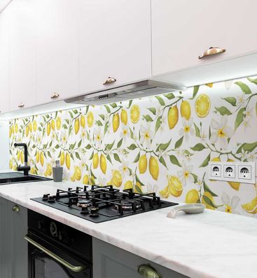 Küchenrückwand gemalte Zitronen mit Blüten selbstklebend Spritzschutz Folie