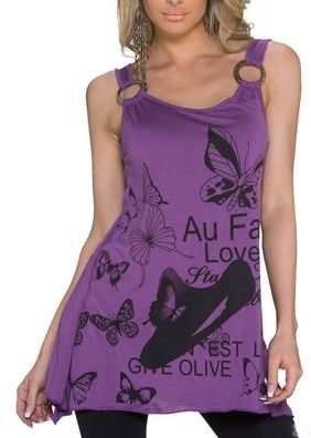 SeXy MiSS Damen Girly Trend Long Top Tunika Butterfly Print Shirt 34/36/38 lila