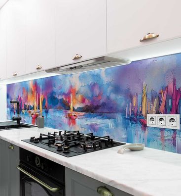 Küchenrückwand bunt gemalter Hafen mit Wasserfarben selbstklebend Folie