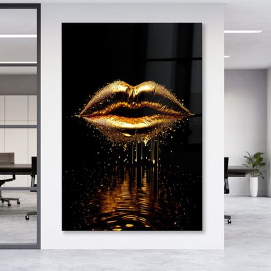 Goldene Lippen Leinwand , Acrylglas + Aluminium , Poster Wandbild , Home Deco