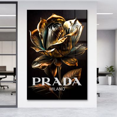 Prada Goldene Blume Fashion Leinwand , Acrylglas + Aluminium , Luxury Poster Wandbild