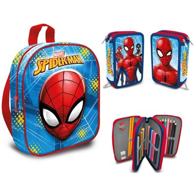 Spiderman Rucksack mit einem 3D Motiv und Federmappe mit Stiften
