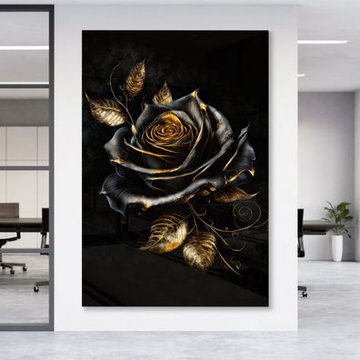 Luxury Goldene Blume Fashion Rose Leinwand , Acrylglas + Aluminium , Poster Wandbild