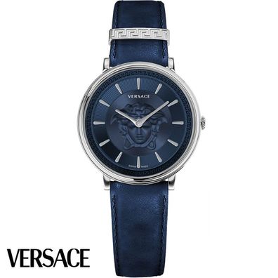 Versace VE8101619 V-Circle Lady silber blau Leder Armband Uhr Damen NEU