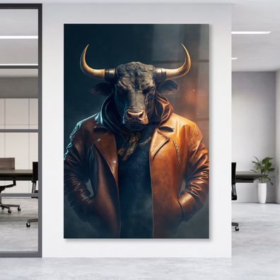 Stier trägt eine Jacke Wandbild Business Leinwand , Acrylglas + Aluminium, Poster