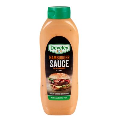 Develey Hamburger Sauce vegan in einer Kopfstandflasche 875ml