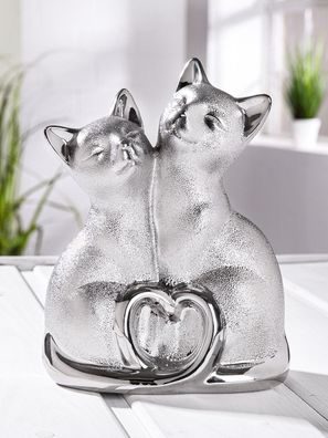 Gilde Porzellan Skulptur "Katzenpaar" silberfarben, glänzend und mit Oberflächenst...