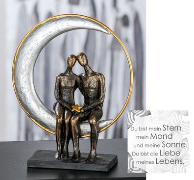 Gilde Skulptur "Moonlight" Pärchen bronzefarben im silber-/ goldfarbenem Mond auf ...