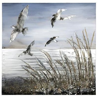 Gilde Gemälde "Vogelschwarm" handgemalt sandfarben, grau, blau Breite 100,0 cm ...