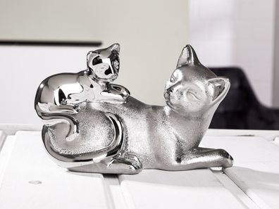 Gilde Porzellan Skulptur Katze silberfarben, glänzend und mit Oberflächenstruktur ...