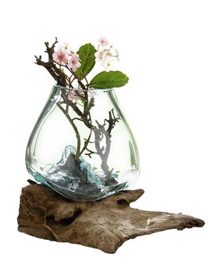 Gilde Vase auf Ast Klarglas auf Naturholz, Vase ca. 16 x 16 cm Der Holzsockel ...