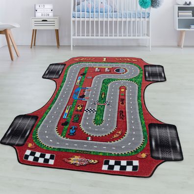 Spielteppich Kurzflor Teppich Kinderteppich Kinderzimmer Rennstrecke Auto Rot