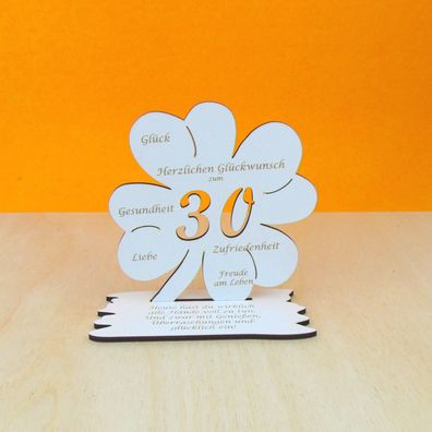 30. Geburtstag in 11 cm Vintage Weiß als Kleeblatt graviert für Geld und Gutschein