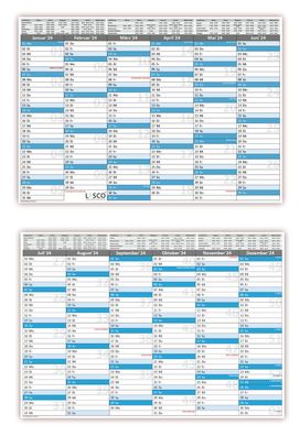 10 Stück - Tafelkalender DIN A4 2024 blau, 300g BD Papier gut beschreibbar