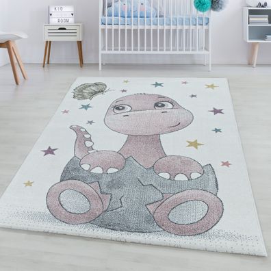 Kinderteppich Kurzflor Dino Baby Saurier Design Kinderzimmer Teppich Rosa