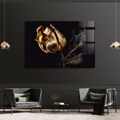 Fashion Wandbild Tulpenblume Goldene Leinwand , Acrylglas + Aluminium , Poster