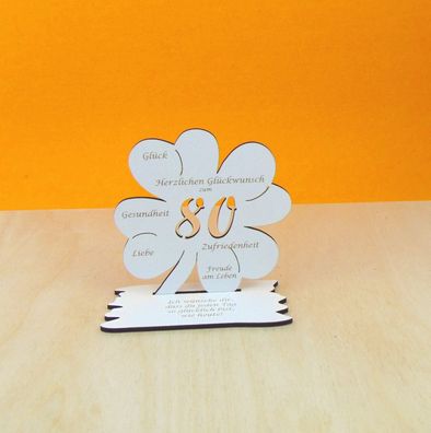 80. Geburtstag Kleeblatt 11 cm Vintage Weiß Geld und Gutschein Geschenk Tischdeko 09