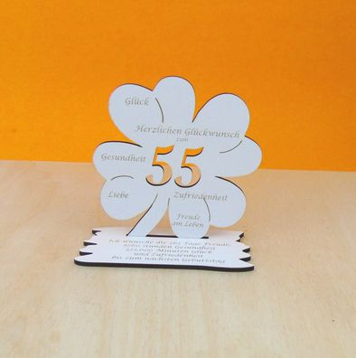 55. Geburtstag Kleeblatt 11cm Vintage weiß für Gutschein oder Geld Geschenke 01