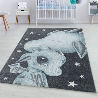 Kinderteppich Kurzflor Drachen Baby Saurier Design Kinderzimmer Teppich Blau